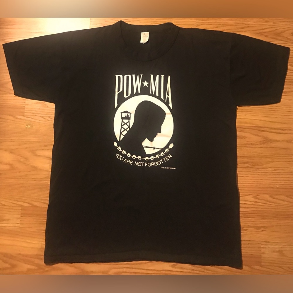 Vintage 1988 USA POW - MIA Logo Military T-Shirt Black Tee Swing Brand XL
